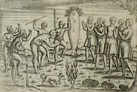 An illustration from Premier livre de l'histoire de la navigation aux Indes Orientales, par les hollandois, et des choses a eux advenues : ensemble les conditions, les meurs, & manieres de vivres des nations, par eux abordees : plus les monnoyes, espices, drogues, & marchandises, & le pris d'icelles : davantage les decouvremens & apparences, situations, & costes maritimes des contrees : avec le vray pourtrait au vif des habitans : le tout par plusieurs figures illustré : tres-recreatif a lire a tous navigans & amateurs des navigations lointaines, ez terres estrangeres (1609)