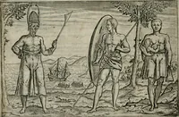 An illustration from Premier livre de l'histoire de la navigation aux Indes Orientales, par les hollandois, et des choses a eux advenues : ensemble les conditions, les meurs, & manieres de vivres des nations, par eux abordees : plus les monnoyes, espices, drogues, & marchandises, & le pris d'icelles : davantage les decouvremens & apparences, situations, & costes maritimes des contrees : avec le vray pourtrait au vif des habitans : le tout par plusieurs figures illustré : tres-recreatif a lire a tous navigans & amateurs des navigations lointaines, ez terres estrangeres (1609)