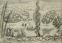 An illustration from Premier livre de l'histoire de la navigation aux Indes Orientales, par les hollandois, et des choses a eux advenues : ensemble les conditions, les meurs, & manieres de vivres des nations, par eux abordees : plus les monnoyes, espices, drogues, & marchandises, & le pris d'icelles : davantage les decouvremens & apparences, situations, & costes maritimes des contrees : avec le vray pourtrait au vif des habitans : le tout par plusieurs figures illustré : tres-recreatif a lire a tous navigans & amateurs des navigations lointaines, ez terres estrangeres (1609)