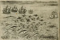 An illustration from Premier livre de l'histoire de la navigation aux Indes Orientales, par les hollandois, et des choses a eux advenues : ensemble les conditions, les meurs, & manieres de vivres des nations, par eux abordees : plus les monnoyes, espices, drogues, & marchandises, & le pris d'icelles : davantage les decouvremens & apparences, situations, & costes maritimes des contrees : avec le vray pourtrait au vif des habitans : le tout par plusieurs figures illustré : tres-recreatif a lire a tous navigans & amateurs des navigations lointaines, ez terres estrangeres (1609)
