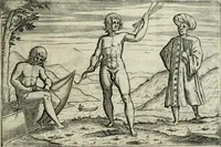 An illustration from Premier livre de l'histoire de la navigation aux Indes Orientales, par les hollandois, et des choses a eux advenues : ensemble les conditions, les meurs, & manieres de vivres des nations, par eux abordees : plus les monnoyes, espices, drogues, & marchandises, & le pris d'icelles : davantage les decouvremens & apparences, situations, & costes maritimes des contrees : avec le vray pourtrait au vif des habitans : le tout par plusieurs figures illustré : tres-recreatif a lire a tous navigans & amateurs des navigations lointaines, ez terres estrangeres (1609)