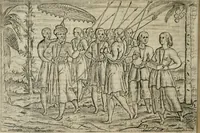 An illustration from Premier livre de l'histoire de la navigation aux Indes Orientales, par les hollandois, et des choses a eux advenues : ensemble les conditions, les meurs, & manieres de vivres des nations, par eux abordees : plus les monnoyes, espices, drogues, & marchandises, & le pris d'icelles : davantage les decouvremens & apparences, situations, & costes maritimes des contrees : avec le vray pourtrait au vif des habitans : le tout par plusieurs figures illustré : tres-recreatif a lire a tous navigans & amateurs des navigations lointaines, ez terres estrangeres (1609)