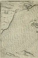 An illustration from Premier livre de l'histoire de la navigation aux Indes Orientales, par les hollandois, et des choses a eux advenues : ensemble les conditions, les meurs, & manieres de vivres des nations, par eux abordees : plus les monnoyes, espices, drogues, & marchandises, & le pris d'icelles : davantage les decouvremens & apparences, situations, & costes maritimes des contrees : avec le vray pourtrait au vif des habitans : le tout par plusieurs figures illustré : tres-recreatif a lire a tous navigans & amateurs des navigations lointaines, ez terres estrangeres (1609)