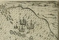 An illustration from Premier livre de l'histoire de la navigation aux Indes Orientales, par les hollandois, et des choses a eux advenues : ensemble les conditions, les meurs, & manieres de vivres des nations, par eux abordees : plus les monnoyes, espices, drogues, & marchandises, & le pris d'icelles : davantage les decouvremens & apparences, situations, & costes maritimes des contrees : avec le vray pourtrait au vif des habitans : le tout par plusieurs figures illustré : tres-recreatif a lire a tous navigans & amateurs des navigations lointaines, ez terres estrangeres (1609)