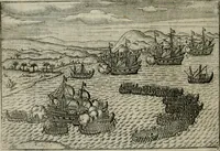 An illustration from Premier livre de l'histoire de la navigation aux Indes Orientales, par les hollandois, et des choses a eux advenues : ensemble les conditions, les meurs, & manieres de vivres des nations, par eux abordees : plus les monnoyes, espices, drogues, & marchandises, & le pris d'icelles : davantage les decouvremens & apparences, situations, & costes maritimes des contrees : avec le vray pourtrait au vif des habitans : le tout par plusieurs figures illustré : tres-recreatif a lire a tous navigans & amateurs des navigations lointaines, ez terres estrangeres (1609)