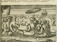 Picture 22 of 62 from Premier livre de l'histoire de la navigation aux Indes Orientales, par les hollandois, et des choses a eux advenues : ensemble les conditions, les meurs, & manieres de vivres des nations, par eux abordees : plus les monnoyes, espices, drogues, & marchandises, & le pris d'icelles : davantage les decouvremens & apparences, situations, & costes maritimes des contrees : avec le vray pourtrait au vif des habitans : le tout par plusieurs figures illustré : tres-recreatif a lire a tous navigans & amateurs des navigations lointaines, ez terres estrangeres (1609), leaf 56