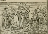An illustration from Premier livre de l'histoire de la navigation aux Indes Orientales, par les hollandois, et des choses a eux advenues : ensemble les conditions, les meurs, & manieres de vivres des nations, par eux abordees : plus les monnoyes, espices, drogues, & marchandises, & le pris d'icelles : davantage les decouvremens & apparences, situations, & costes maritimes des contrees : avec le vray pourtrait au vif des habitans : le tout par plusieurs figures illustré : tres-recreatif a lire a tous navigans & amateurs des navigations lointaines, ez terres estrangeres (1609)