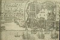 An illustration from Premier livre de l'histoire de la navigation aux Indes Orientales, par les hollandois, et des choses a eux advenues : ensemble les conditions, les meurs, & manieres de vivres des nations, par eux abordees : plus les monnoyes, espices, drogues, & marchandises, & le pris d'icelles : davantage les decouvremens & apparences, situations, & costes maritimes des contrees : avec le vray pourtrait au vif des habitans : le tout par plusieurs figures illustré : tres-recreatif a lire a tous navigans & amateurs des navigations lointaines, ez terres estrangeres (1609)