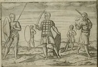 An illustration from Premier livre de l'histoire de la navigation aux Indes Orientales, par les hollandois, et des choses a eux advenues : ensemble les conditions, les meurs, & manieres de vivres des nations, par eux abordees : plus les monnoyes, espices, drogues, & marchandises, & le pris d'icelles : davantage les decouvremens & apparences, situations, & costes maritimes des contrees : avec le vray pourtrait au vif des habitans : le tout par plusieurs figures illustré : tres-recreatif a lire a tous navigans & amateurs des navigations lointaines, ez terres estrangeres (1609)