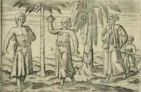 An illustration from Premier livre de l'histoire de la navigation aux Indes Orientales, par les hollandois, et des choses a eux advenues : ensemble les conditions, les meurs, & manieres de vivres des nations, par eux abordees : plus les monnoyes, espices, drogues, & marchandises, & le pris d'icelles : davantage les decouvremens & apparences, situations, & costes maritimes des contrees : avec le vray pourtrait au vif des habitans : le tout par plusieurs figures illustré : tres-recreatif a lire a tous navigans & amateurs des navigations lointaines, ez terres estrangeres (1609)
