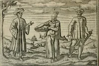 An illustration from Premier livre de l'histoire de la navigation aux Indes Orientales, par les hollandois, et des choses a eux advenues : ensemble les conditions, les meurs, & manieres de vivres des nations, par eux abordees : plus les monnoyes, espices, drogues, & marchandises, & le pris d'icelles : davantage les decouvremens & apparences, situations, & costes maritimes des contrees : avec le vray pourtrait au vif des habitans : le tout par plusieurs figures illustré : tres-recreatif a lire a tous navigans & amateurs des navigations lointaines, ez terres estrangeres (1609)