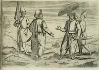 An illustration from Premier livre de l'histoire de la navigation aux Indes Orientales, par les hollandois, et des choses a eux advenues : ensemble les conditions, les meurs, & manieres de vivres des nations, par eux abordees : plus les monnoyes, espices, drogues, & marchandises, & le pris d'icelles : davantage les decouvremens & apparences, situations, & costes maritimes des contrees : avec le vray pourtrait au vif des habitans : le tout par plusieurs figures illustré : tres-recreatif a lire a tous navigans & amateurs des navigations lointaines, ez terres estrangeres (1609)