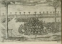 An illustration from Premier livre de l'histoire de la navigation aux Indes Orientales, par les hollandois, et des choses a eux advenues : ensemble les conditions, les meurs, & manieres de vivres des nations, par eux abordees : plus les monnoyes, espices, drogues, & marchandises, & le pris d'icelles : davantage les decouvremens & apparences, situations, & costes maritimes des contrees : avec le vray pourtrait au vif des habitans : le tout par plusieurs figures illustré : tres-recreatif a lire a tous navigans & amateurs des navigations lointaines, ez terres estrangeres (1609)