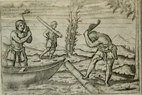 An illustration from Premier livre de l'histoire de la navigation aux Indes Orientales, par les hollandois, et des choses a eux advenues : ensemble les conditions, les meurs, & manieres de vivres des nations, par eux abordees : plus les monnoyes, espices, drogues, & marchandises, & le pris d'icelles : davantage les decouvremens & apparences, situations, & costes maritimes des contrees : avec le vray pourtrait au vif des habitans : le tout par plusieurs figures illustré : tres-recreatif a lire a tous navigans & amateurs des navigations lointaines, ez terres estrangeres (1609)