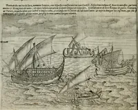 An illustration from Premier livre de l'histoire de la navigation aux Indes Orientales, par les hollandois, et des choses a eux advenues : ensemble les conditions, les meurs, & manieres de vivres des nations, par eux abordees : plus les monnoyes, espices, drogues, & marchandises, & le pris d'icelles : davantage les decouvremens & apparences, situations, & costes maritimes des contrees : avec le vray pourtrait au vif des habitans : le tout par plusieurs figures illustré : tres-recreatif a lire a tous navigans & amateurs des navigations lointaines, ez terres estrangeres (1609)