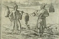 An illustration from Premier livre de l'histoire de la navigation aux Indes Orientales, par les hollandois, et des choses a eux advenues : ensemble les conditions, les meurs, & manieres de vivres des nations, par eux abordees : plus les monnoyes, espices, drogues, & marchandises, & le pris d'icelles : davantage les decouvremens & apparences, situations, & costes maritimes des contrees : avec le vray pourtrait au vif des habitans : le tout par plusieurs figures illustré : tres-recreatif a lire a tous navigans & amateurs des navigations lointaines, ez terres estrangeres (1609)