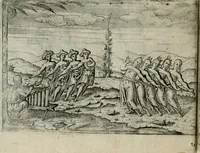 An illustration from Premier livre de l'histoire de la navigation aux Indes Orientales, par les hollandois, et des choses a eux advenues : ensemble les conditions, les meurs, & manieres de vivres des nations, par eux abordees : plus les monnoyes, espices, drogues, & marchandises, & le pris d'icelles : davantage les decouvremens & apparences, situations, & costes maritimes des contrees : avec le vray pourtrait au vif des habitans : le tout par plusieurs figures illustré : tres-recreatif a lire a tous navigans & amateurs des navigations lointaines, ez terres estrangeres (1609)