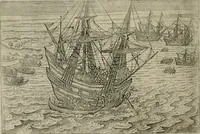An illustration from Premier livre de l'histoire de la navigation aux Indes Orientales, par les hollandois, et des choses a eux advenues : ensemble les conditions, les meurs, & manieres de vivres des nations, par eux abordees : plus les monnoyes, espices, drogues, & marchandises, & le pris d'icelles : davantage les decouvremens & apparences, situations, & costes maritimes des contrees : avec le vray pourtrait au vif des habitans : le tout par plusieurs figures illustré : tres-recreatif a lire a tous navigans & amateurs des navigations lointaines, ez terres estrangeres (1609)