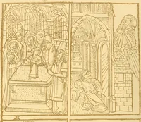 An illustration from Principia typographica. The block-books, or xylographic delineations of scripture history; issued in Holland, Flanders and Germany, during the fifteenth century, exemplified and considered in connexion with the origin of printing. To which is added an attempt to elucidate the character of the paper-marks of the period (1858)