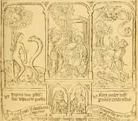An illustration from Principia typographica. The block-books, or xylographic delineations of scripture history; issued in Holland, Flanders and Germany, during the fifteenth century, exemplified and considered in connexion with the origin of printing. To which is added an attempt to elucidate the character of the paper-marks of the period (1858)