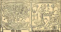 An illustration from Principia typographica. The block-books, or xylographic delineations of scripture history; issued in Holland, Flanders and Germany, during the fifteenth century, exemplified and considered in connexion with the origin of printing. To which is added an attempt to elucidate the character of the paper-marks of the period (1858)