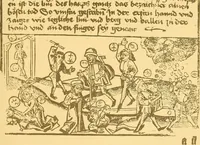 An illustration from Principia typographica. The block-books, or xylographic delineations of scripture history; issued in Holland, Flanders and Germany, during the fifteenth century, exemplified and considered in connexion with the origin of printing. To which is added an attempt to elucidate the character of the paper-marks of the period (1858)