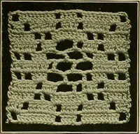 An illustration from The Priscilla filet crochet book : a collection of beautiful designs in filet crochet, equally adapted to cross-stitch beads and canvas with working directions (1915)