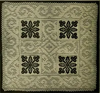 An illustration from The Priscilla filet crochet book : a collection of beautiful designs in filet crochet, equally adapted to cross-stitch beads and canvas with working directions (1915)