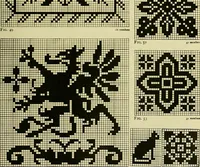 An illustration from The Priscilla filet crochet book : a collection of beautiful designs in filet crochet, equally adapted to cross-stitch beads and canvas with working directions (1915)