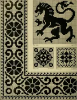 An illustration from The Priscilla filet crochet book : a collection of beautiful designs in filet crochet, equally adapted to cross-stitch beads and canvas with working directions (1915)