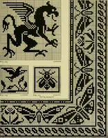 An illustration from The Priscilla filet crochet book : a collection of beautiful designs in filet crochet, equally adapted to cross-stitch beads and canvas with working directions (1915)