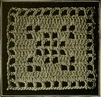 An illustration from The Priscilla filet crochet book : a collection of beautiful designs in filet crochet, equally adapted to cross-stitch beads and canvas with working directions (1915)