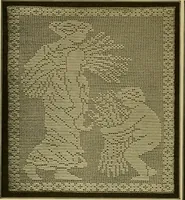 An illustration from The Priscilla filet crochet book, no. 2 ; a collection of beautiful designs in filet crochet, introducing filet crochet brodé, embroidery on crochet and cameo crochet (1914)