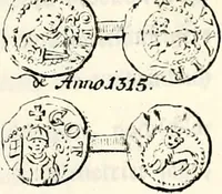 An illustration from Proben des hohen Teütschen Reichs Adels, oder, Sammlungen alter Denkmäler, Grabsteinen, Wappen, Inn- und Urschriften, u: d: nach ihrem wahren Urbilde aufgenommen unter offener Treüe bewähret und durch Anenbäume auch sonstige Nachrichten erkläret und erläuteret (1775)