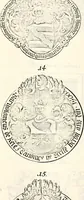 An illustration from Proben des hohen Teütschen Reichs Adels, oder, Sammlungen alter Denkmäler, Grabsteinen, Wappen, Inn- und Urschriften, u: d: nach ihrem wahren Urbilde aufgenommen unter offener Treüe bewähret und durch Anenbäume auch sonstige Nachrichten erkläret und erläuteret (1775)