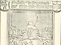 An illustration from Proben des hohen Teütschen Reichs Adels, oder, Sammlungen alter Denkmäler, Grabsteinen, Wappen, Inn- und Urschriften, u: d: nach ihrem wahren Urbilde aufgenommen unter offener Treüe bewähret und durch Anenbäume auch sonstige Nachrichten erkläret und erläuteret (1775)