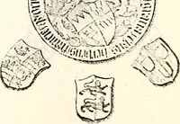 An illustration from Proben des hohen Teütschen Reichs Adels, oder, Sammlungen alter Denkmäler, Grabsteinen, Wappen, Inn- und Urschriften, u: d: nach ihrem wahren Urbilde aufgenommen unter offener Treüe bewähret und durch Anenbäume auch sonstige Nachrichten erkläret und erläuteret (1775)