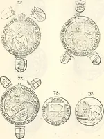 An illustration from Proben des hohen Teütschen Reichs Adels, oder, Sammlungen alter Denkmäler, Grabsteinen, Wappen, Inn- und Urschriften, u: d: nach ihrem wahren Urbilde aufgenommen unter offener Treüe bewähret und durch Anenbäume auch sonstige Nachrichten erkläret und erläuteret (1775)