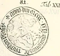 An illustration from Proben des hohen Teütschen Reichs Adels, oder, Sammlungen alter Denkmäler, Grabsteinen, Wappen, Inn- und Urschriften, u: d: nach ihrem wahren Urbilde aufgenommen unter offener Treüe bewähret und durch Anenbäume auch sonstige Nachrichten erkläret und erläuteret (1775)