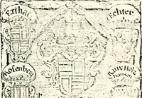 An illustration from Proben des hohen Teütschen Reichs Adels, oder, Sammlungen alter Denkmäler, Grabsteinen, Wappen, Inn- und Urschriften, u: d: nach ihrem wahren Urbilde aufgenommen unter offener Treüe bewähret und durch Anenbäume auch sonstige Nachrichten erkläret und erläuteret (1775)