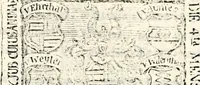An illustration from Proben des hohen Teütschen Reichs Adels, oder, Sammlungen alter Denkmäler, Grabsteinen, Wappen, Inn- und Urschriften, u: d: nach ihrem wahren Urbilde aufgenommen unter offener Treüe bewähret und durch Anenbäume auch sonstige Nachrichten erkläret und erläuteret (1775)
