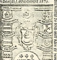 Picture 135 of 149 from Proben des hohen Teütschen Reichs Adels, oder, Sammlungen alter Denkmäler, Grabsteinen, Wappen, Inn- und Urschriften, u: d: nach ihrem wahren Urbilde aufgenommen unter offener Treüe bewähret und durch Anenbäume auch sonstige Nachrichten erkläret und erläuteret (1775), leaf 654