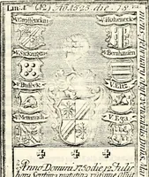An illustration from Proben des hohen Teütschen Reichs Adels, oder, Sammlungen alter Denkmäler, Grabsteinen, Wappen, Inn- und Urschriften, u: d: nach ihrem wahren Urbilde aufgenommen unter offener Treüe bewähret und durch Anenbäume auch sonstige Nachrichten erkläret und erläuteret (1775)