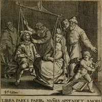 Picture 47 of 72 from Proscenivm vitæ hvmanæ, siue Emblematvm secvlarivm, ivcvndissima, & artificiosissima varietate vitæ hvmanæ & seculi huius deprauati mores, ac studia peruersissima adumbrantium: et Latinis versibvs, explicatorum, decades septem multis figuris adauctæ, & in vsum studiosæ inprimis iuuentutis ita adornatæ vt instar albi amicorvm sodalitatum symbolis, & insigniis conscribendis depingendisq; inseruire commode possint (1627), leaf 104