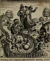 Picture 52 of 72 from Proscenivm vitæ hvmanæ, siue Emblematvm secvlarivm, ivcvndissima, & artificiosissima varietate vitæ hvmanæ & seculi huius deprauati mores, ac studia peruersissima adumbrantium: et Latinis versibvs, explicatorum, decades septem multis figuris adauctæ, & in vsum studiosæ inprimis iuuentutis ita adornatæ vt instar albi amicorvm sodalitatum symbolis, & insigniis conscribendis depingendisq; inseruire commode possint (1627), leaf 116
