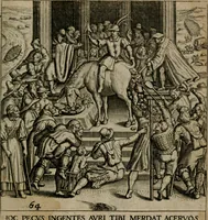 Picture 64 of 72 from Proscenivm vitæ hvmanæ, siue Emblematvm secvlarivm, ivcvndissima, & artificiosissima varietate vitæ hvmanæ & seculi huius deprauati mores, ac studia peruersissima adumbrantium: et Latinis versibvs, explicatorum, decades septem multis figuris adauctæ, & in vsum studiosæ inprimis iuuentutis ita adornatæ vt instar albi amicorvm sodalitatum symbolis, & insigniis conscribendis depingendisq; inseruire commode possint (1627), leaf 140