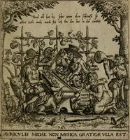 Picture 70 of 72 from Proscenivm vitæ hvmanæ, siue Emblematvm secvlarivm, ivcvndissima, & artificiosissima varietate vitæ hvmanæ & seculi huius deprauati mores, ac studia peruersissima adumbrantium: et Latinis versibvs, explicatorum, decades septem multis figuris adauctæ, & in vsum studiosæ inprimis iuuentutis ita adornatæ vt instar albi amicorvm sodalitatum symbolis, & insigniis conscribendis depingendisq; inseruire commode possint (1627), leaf 152