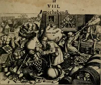 Picture 13 of 72 from Proscenivm vitæ hvmanæ, siue Emblematvm secvlarivm, ivcvndissima, & artificiosissima varietate vitæ hvmanæ & seculi huius deprauati mores, ac studia peruersissima adumbrantium: et Latinis versibvs, explicatorum, decades septem multis figuris adauctæ, & in vsum studiosæ inprimis iuuentutis ita adornatæ vt instar albi amicorvm sodalitatum symbolis, & insigniis conscribendis depingendisq; inseruire commode possint (1627), leaf 36