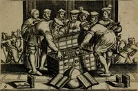 Picture 14 of 72 from Proscenivm vitæ hvmanæ, siue Emblematvm secvlarivm, ivcvndissima, & artificiosissima varietate vitæ hvmanæ & seculi huius deprauati mores, ac studia peruersissima adumbrantium: et Latinis versibvs, explicatorum, decades septem multis figuris adauctæ, & in vsum studiosæ inprimis iuuentutis ita adornatæ vt instar albi amicorvm sodalitatum symbolis, & insigniis conscribendis depingendisq; inseruire commode possint (1627), leaf 38