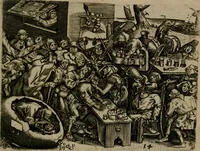 Picture 19 of 72 from Proscenivm vitæ hvmanæ, siue Emblematvm secvlarivm, ivcvndissima, & artificiosissima varietate vitæ hvmanæ & seculi huius deprauati mores, ac studia peruersissima adumbrantium: et Latinis versibvs, explicatorum, decades septem multis figuris adauctæ, & in vsum studiosæ inprimis iuuentutis ita adornatæ vt instar albi amicorvm sodalitatum symbolis, & insigniis conscribendis depingendisq; inseruire commode possint (1627), leaf 48
